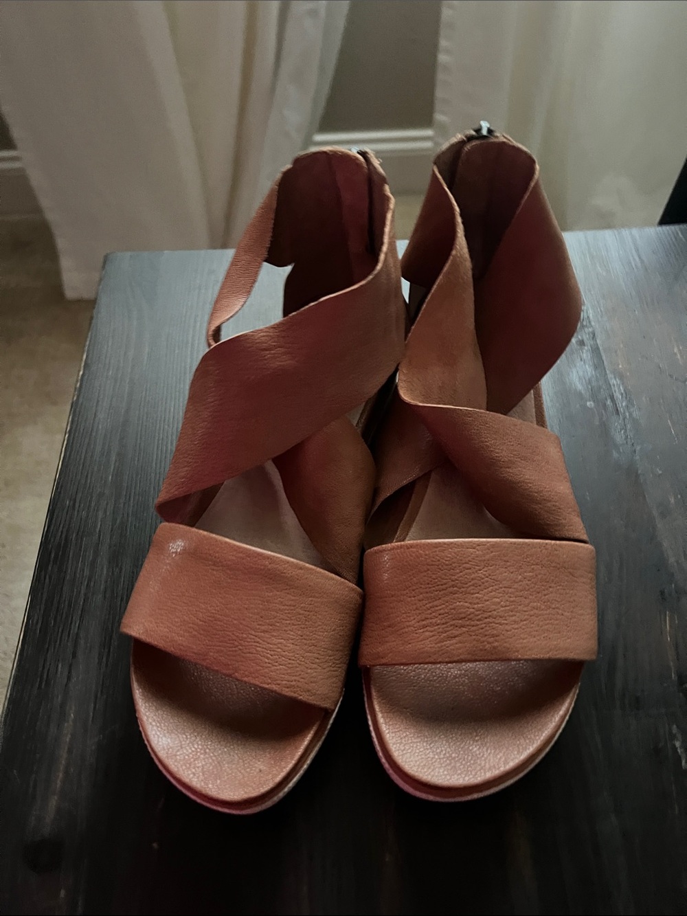 Eileen Fisher Tan Leather Crisscross Wedge Sandals